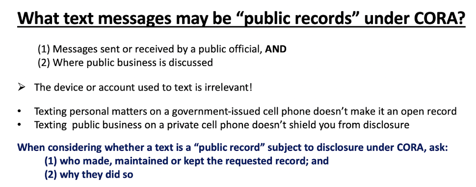 Colorado Municipal League (CML) explanation of text messages as public records (slide 14)